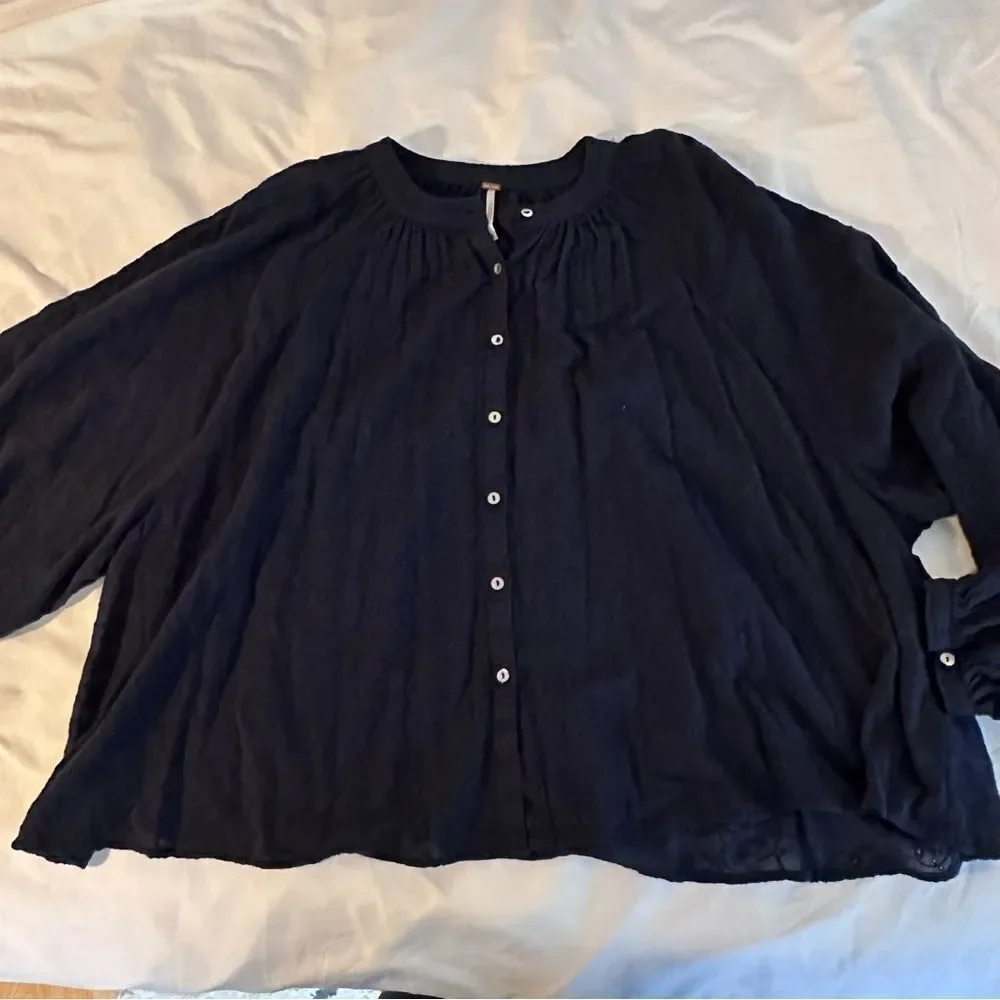 Free People Floral Embroidered Eyelet Oversized Blouse, Navy Blue